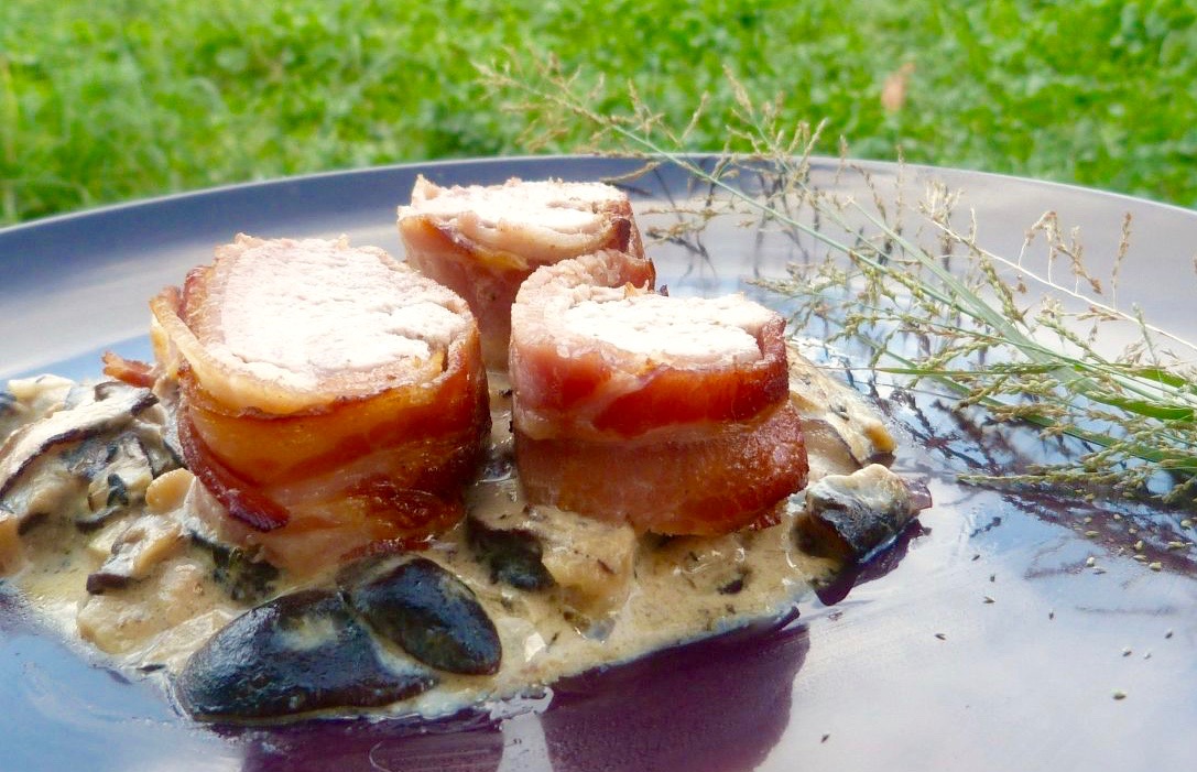 Bacon Rolled Pork Tenderloins with Mushroom Sauce 