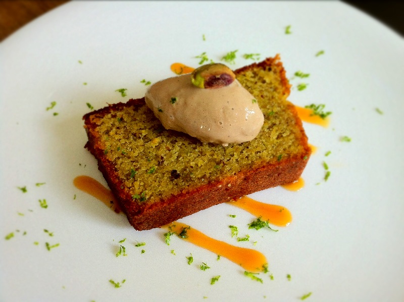 Lime and Pistachio Cake with Chai Ice Cream
