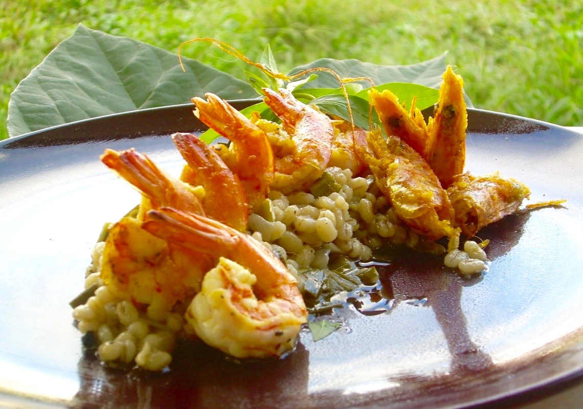 Pan Fried Shrimps with Leeks and Barley Risotto
