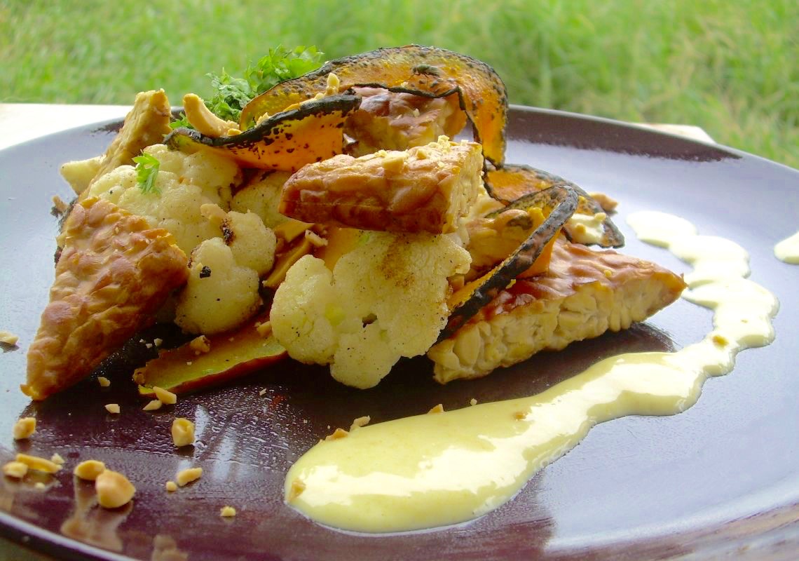 Crispy Tempeh with Grilled Squash Ribbons, Cauliflower and ‘Hollandaise Sauce’