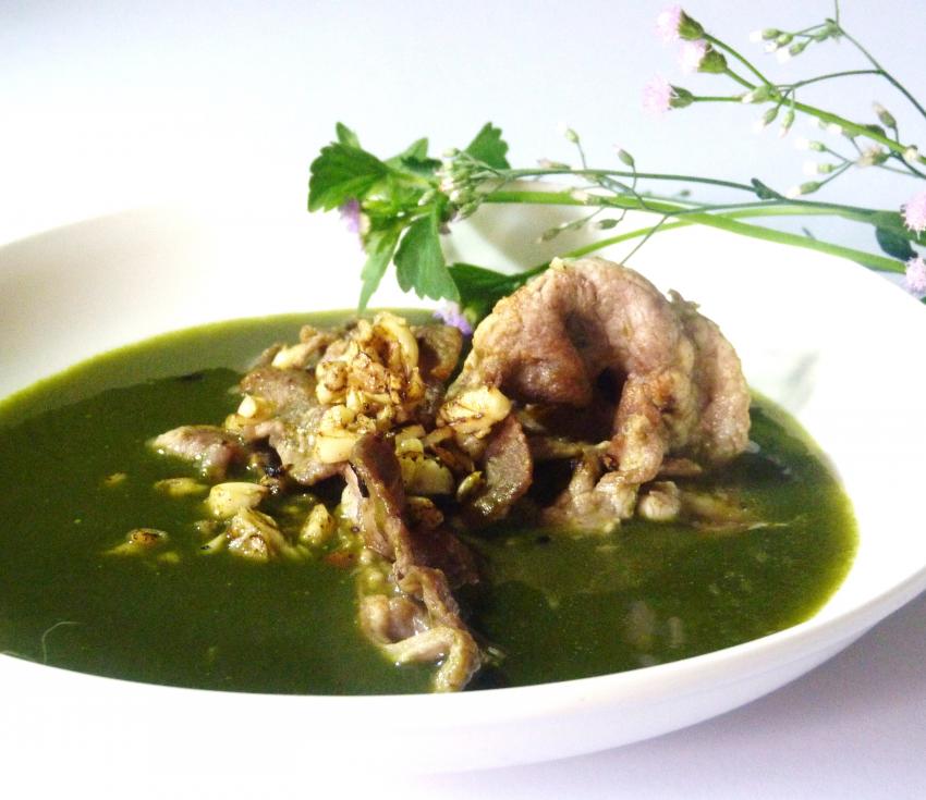 Watercress Soup with Lamb and Roasted Garlic 