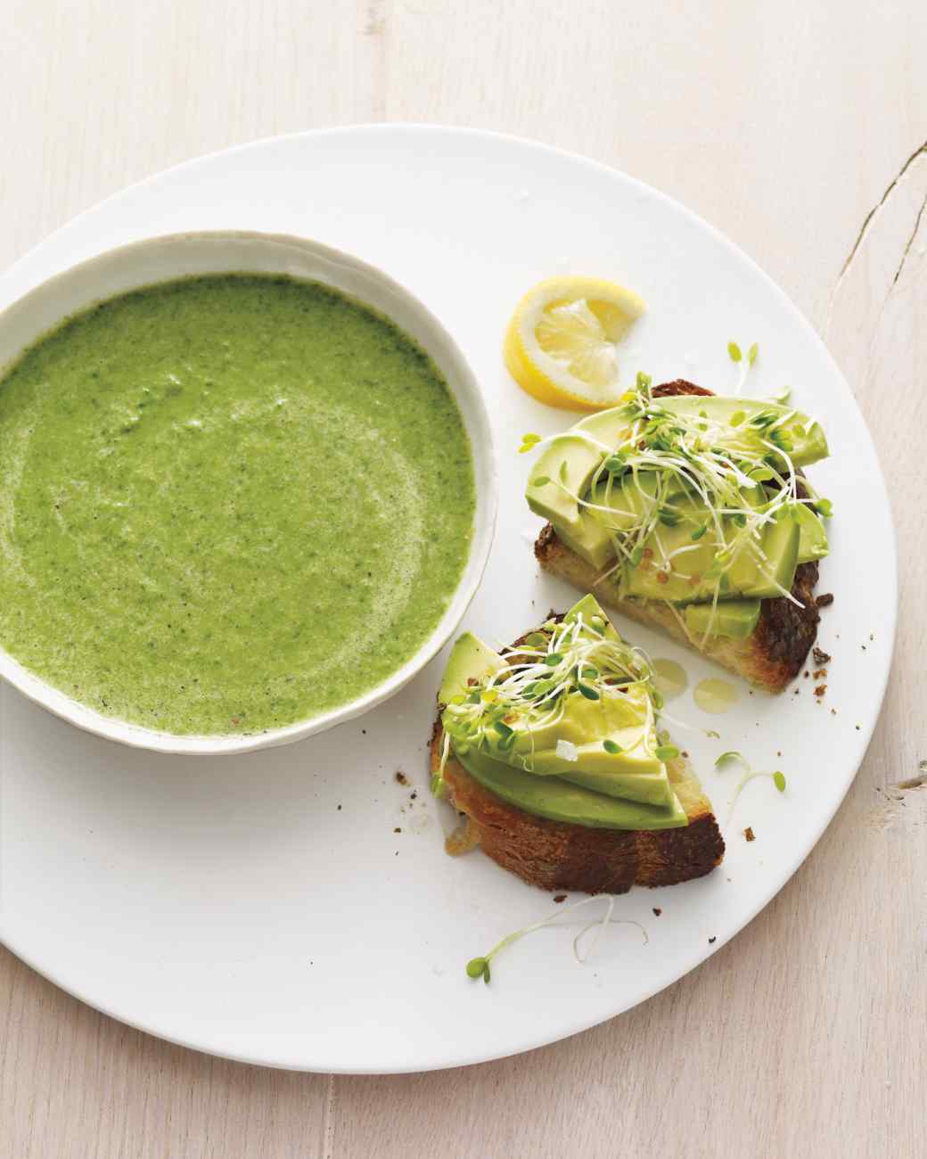 Broccoli-Spinach Soup with Avocado Toasts