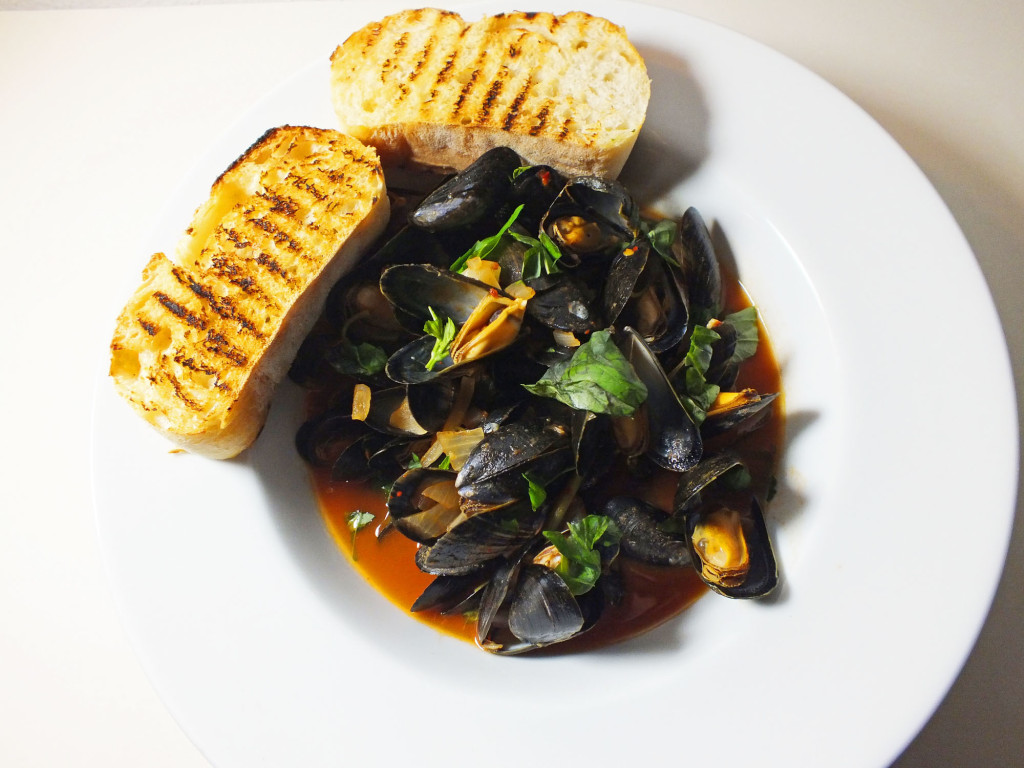 Steamed Mussels in a Tomato and Basil Broth