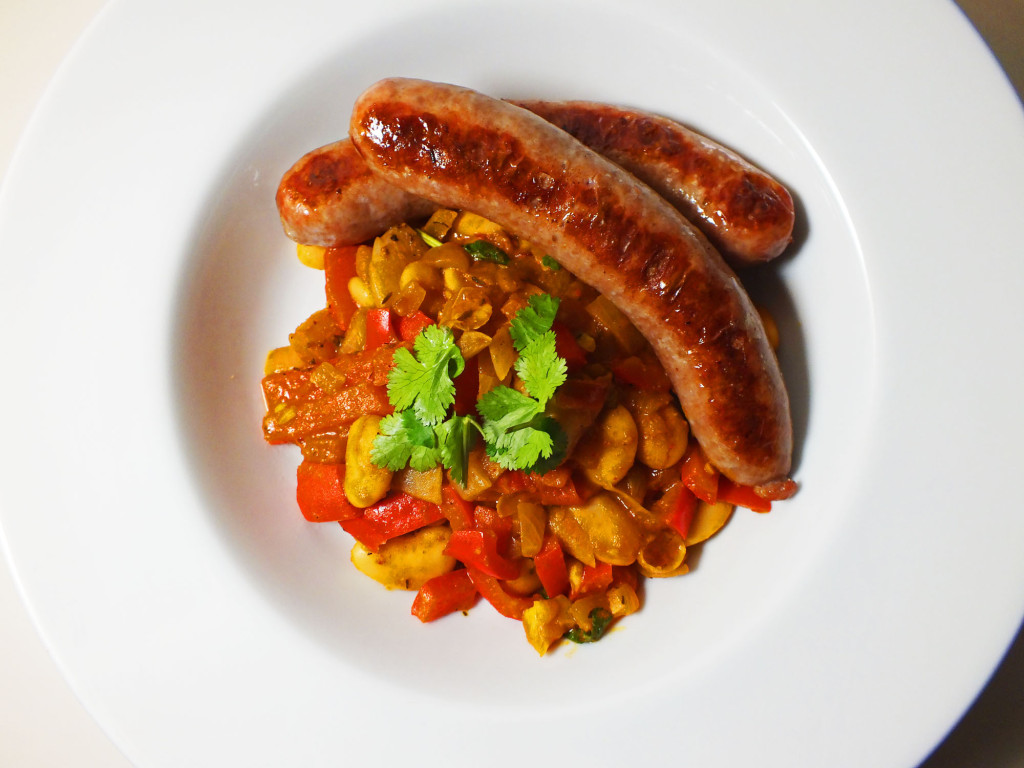 Sausages with a White Bean Chilli