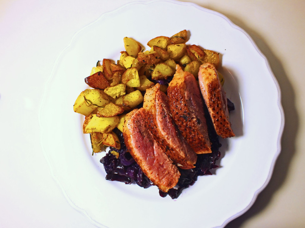 Crispy Duck with Rosemary Potatoes and Braised Red Cabbage
